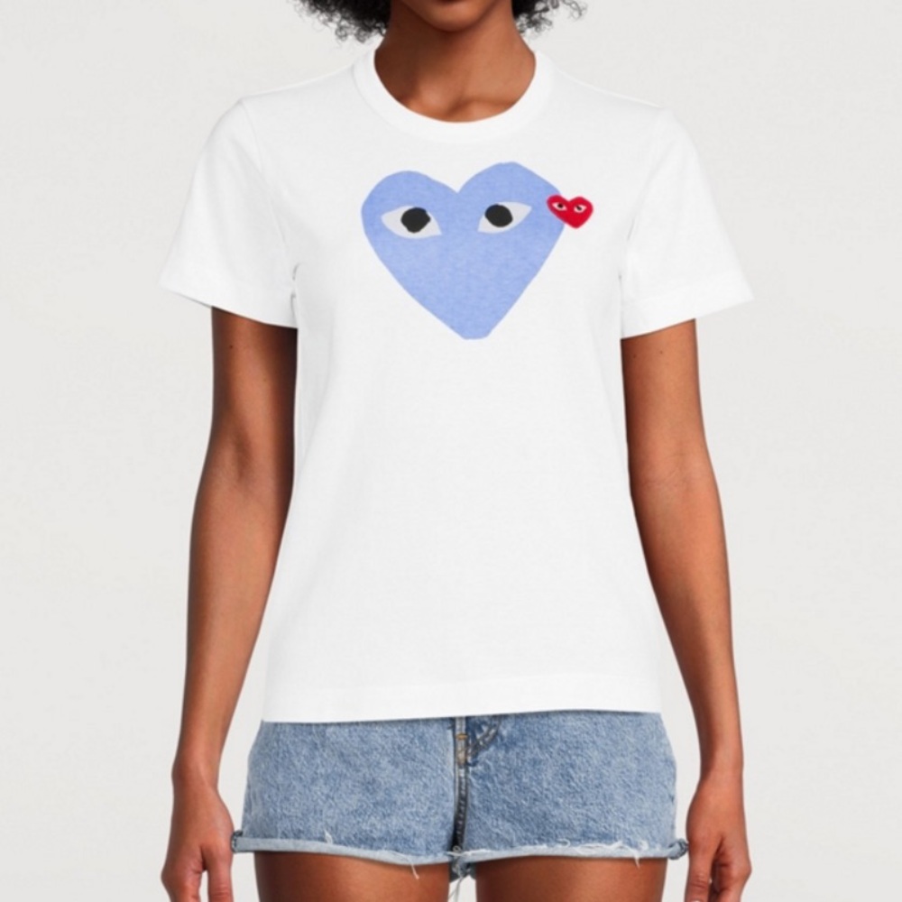 Comme des Garcons PLAY Blue and White Short Sleeve Tee